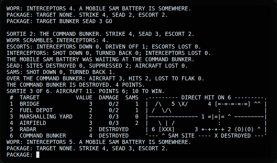 Sortie 2: the mobile SAM battery waited at the command bunker. Three strike aircraft reached the bunker and destroyed it for 4 more points, 6 of the 10 needed.